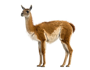Naklejka premium A guanaco stands in profile, brown and white fur against a black background, observing its surroundings