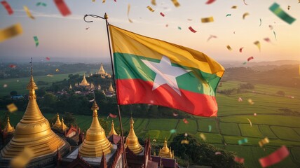 Vibrant Myanmar Flag waving over golden pagodas and rice fields, celebrating Independence Day January 4 during a colorful sunset