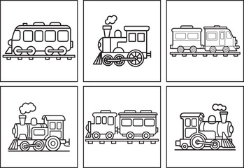 Train coloring page bundle for kids, black line art vector illustration doodle