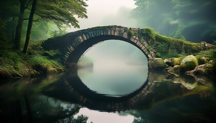 atmospheric old stone arch bridge spanning a tranquil misty river surrounded by lush green forest with reflections on the calm dark water
