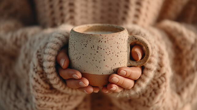 person holding cup, warm gray and brown tones, soft shadows, bokeh background, depth of field effect, suitable for cafe menu design, social media posts, lifestyle blogs