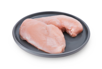 Fresh chicken fillet on a modern gray plate isolated on a white background.PNG