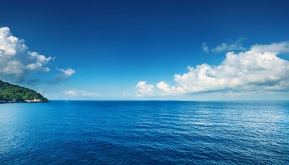 idyllic tropical seascape vast blue ocean and sky with fluffy white clouds on a sunny day