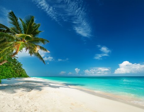 idyllic tropical beach with white sand turquoise ocean swaying palm trees and fluffy clouds under a clear blue sky - Powered by Adobe