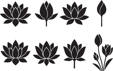 Obraz premium Set of black and white flowers - Minimalist Black Lotus Flower Vector Icon Set Design - Lotus Flower Bundle Vector