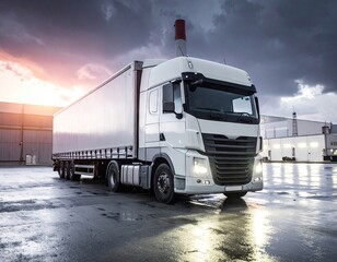 White Semi Truck Parked at Industrial Facility at Sunset