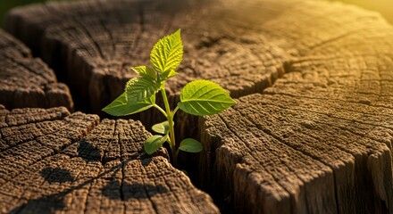 Vibrant green plant sprout growing from a crack in an old wooden tree stump in golden sunlight. Concept of resilience, new life, perseverance, and environmental renewal.