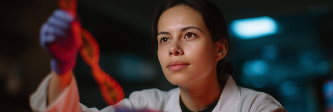 A focused scientist examines a delicate sample under laboratory lighting, illustrating the dedication and precision often required in scientific research and innovation.