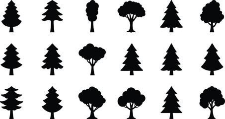 Tree silhouette icons, black tree shapes, vector forest elements, coniferous and deciduous trees, graphic design assets, nature clipart collection