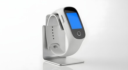 Modern white fitness tracker smartwatch with a bright blue screen displayed on a sleek metallic stand against a white background