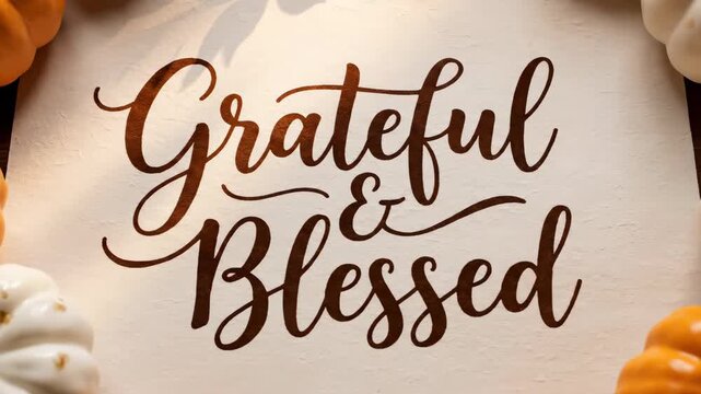Grateful and blessed thanksgiving sign with small pumpkins around. Autumn harvest season decoration for holiday celebration footage.