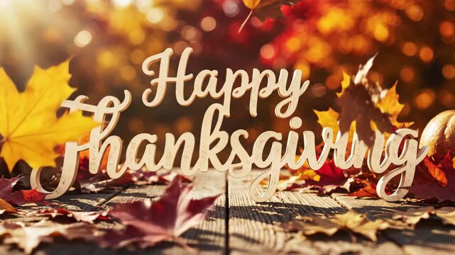 Happy Thanksgiving text with autumn leaves on rustic wood. Holiday greeting card design. Seasonal fall celebration.