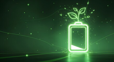 Glowing green battery icon with leaves sprouting from the top, surrounded by particles on a dark background. Concept of eco-friendly power, sustainable energy, and future technology.