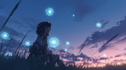 Fototapeta premium Anime Style Girl Sitting in Field Under Twilight Sky Surrounded by Glowing Floating Spheres