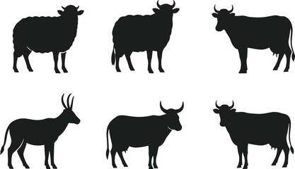 Silhouettes of hoofed animals including sheep, yak, cow, antelope, zebu, bull, minimal vector design for logo, branding, agricultural illustration