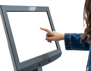 A hand interacts with a gray touch screen terminal, set against a stark black and partial blurred background