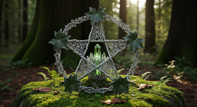 Mystical Forest Pentagram Altar with Glowing Crystal at Dawn
A captivating fantasy and nature image depicting a mystical altar setting in a deep, sun-dappled forest