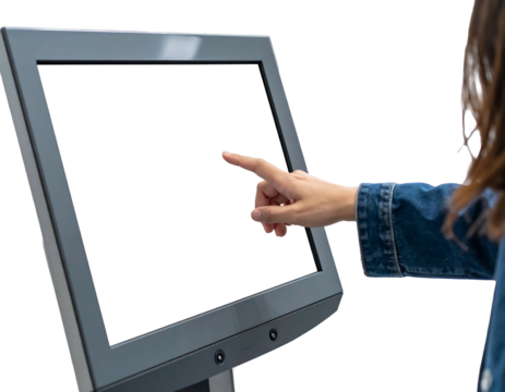 A hand interacts with a gray touch screen terminal, set against a stark black and partial blurred background