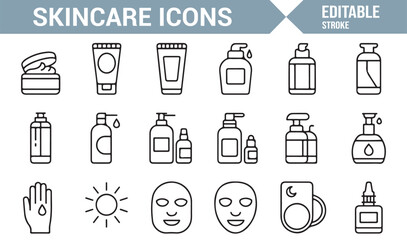 Fototapeta premium Beauty and Skincare Outline Icons – Thin Line Vector Set for Lotion, Serum, and Mask Illustrations