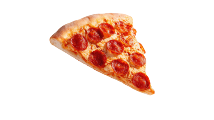 Delicious flying pepperoni pizza slice with melted cheese and crispy crust floating in air on white background