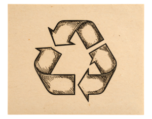 A hand-drawn recycling symbol on tan paper, showcasing rough texture and sketched details