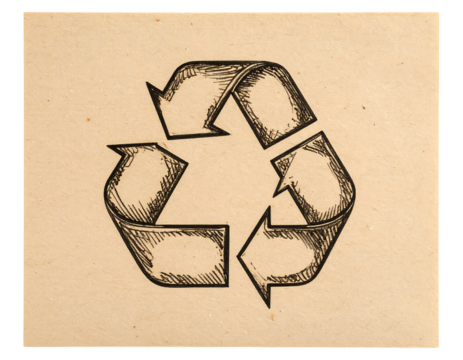 A hand-drawn recycling symbol on tan paper, showcasing rough texture and sketched details