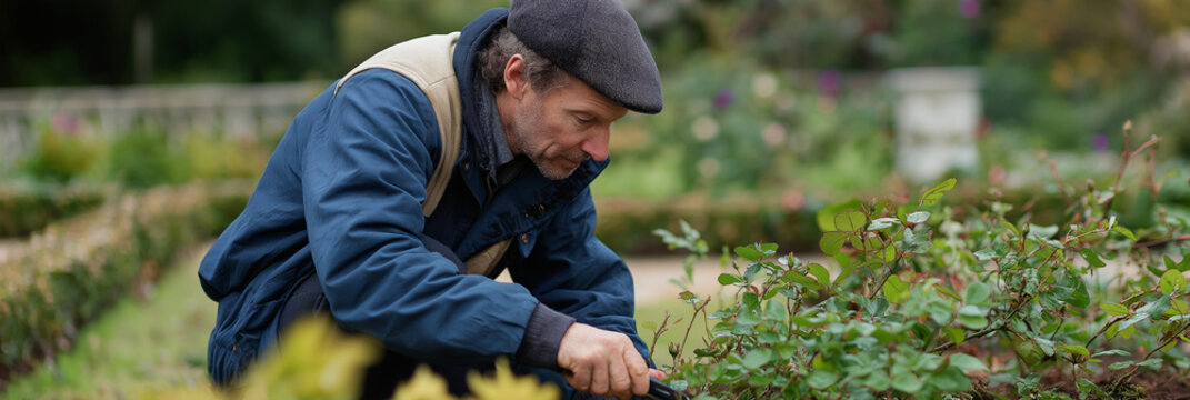 A diligent gardener is seen carefully trimming rose bushes in a manicured garden, representing the dedication to horticulture and the beauty of nature's flora.
