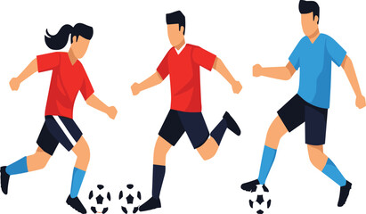 Soccer players in action, dynamic football match illustration, red and blue team athletes dribbling ball, competitive sports vector, athletic movement design