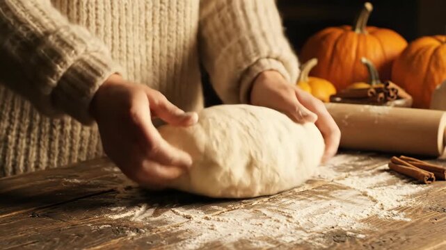 Woman kneading dough on a rustic wooden table with pumpkins and cinnamon sticks, a Thanksgiving tradition concept footage.