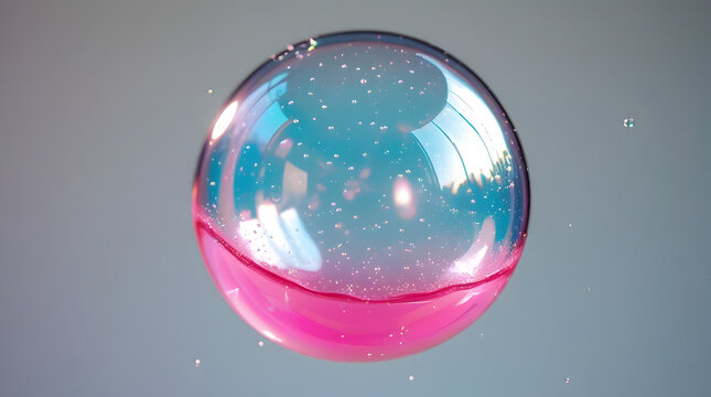 Vibrant pink liquid shimmering within a pristine clear sphere, surrounded by effervescent particles and subtle reflections, creating an elegant abstract composition