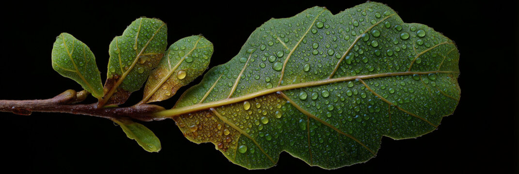 A close-up image showcasing vibrant green leaves adorned with glistening dew drops, reflecting light in a natural setting, evoking freshness and vitality.