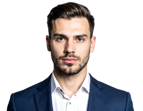 A handsome man in a blue suit and white shirt against a dark background, looking directly at the viewer