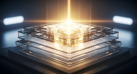 Quantum computing concept with glowing central core radiating light upwards, layered glass structures beneath digital circuit patterns, advanced technology and innovation visualization in dark setting