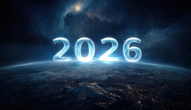 High quality photo of glowing numbers 2026 floating above planet earth in space