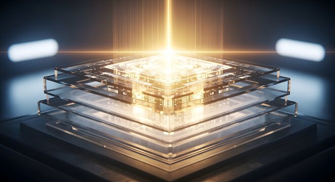 Quantum computing concept with glowing central core radiating light upwards, layered glass structures beneath digital circuit patterns, advanced technology and innovation visualization in dark setting - Powered by Adobe