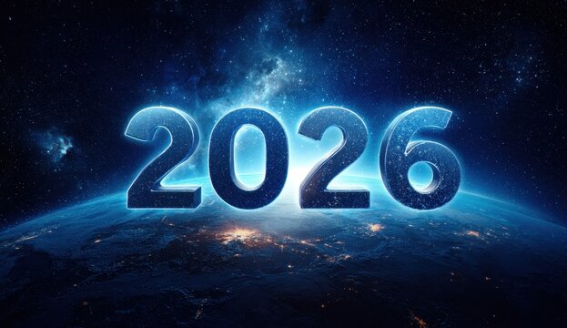 High quality photo of bright numbers 2026 over planet earth in a starry nebula