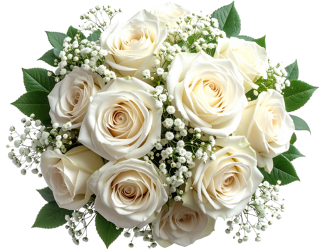  Elegant White Roses and Baby’s Breath Floral Bouquet on Black Background