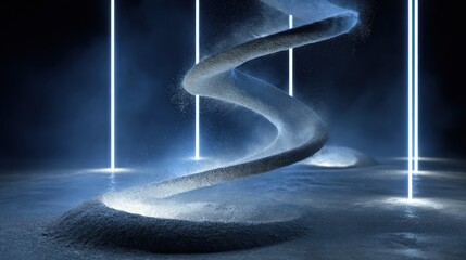 An ethereal, spiraling dust cloud amidst blue-lit pillars, creating a mystical scene