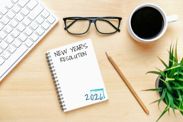 2026 Happy New Year Resolution Goal List and Plans Setting - Business office desk with notebook...