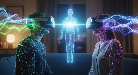 Two people wearing VR headsets interacting with a glowing human hologram between them. Concept of virtual reality, metaverse, biotechnology, and future medicine.