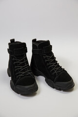 Pair of Black Suede Lace-Up Ankle Boots