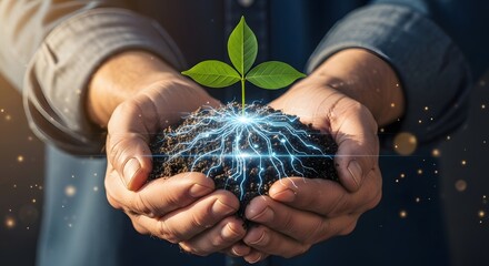 Hands holding soil with a glowing plant and electric roots in the center. Concept of biotechnology, power, smart agriculture, and energy connection.
