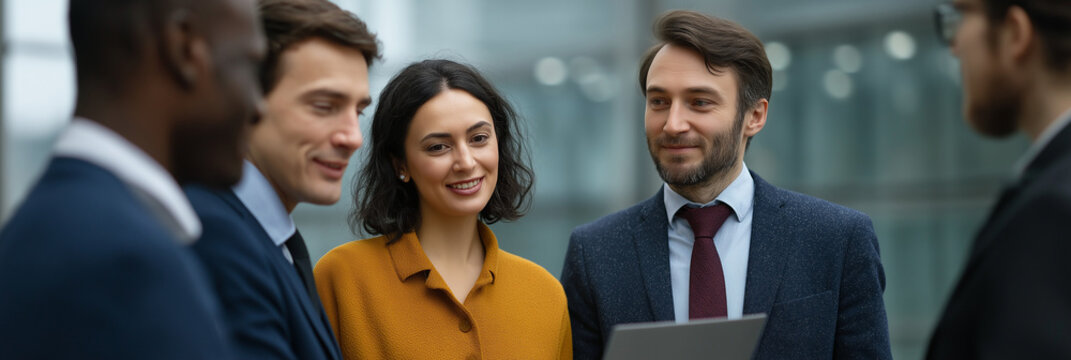 A group of diverse business professionals engage in a collaborative discussion, showcasing teamwork, innovation, and shared ideas in a modern corporate environment.