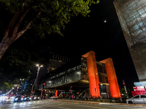 Sao Paulo, Brazil, April 28, 2023. Night view of the Sao Paulo Museum of Art, MASP, on Paulista Avenue, in the central region of the city