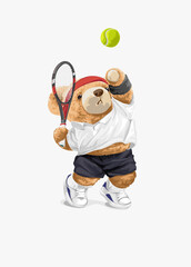 Fototapeta premium cute bear doll tennis player serving vector illustration - drawn by hand