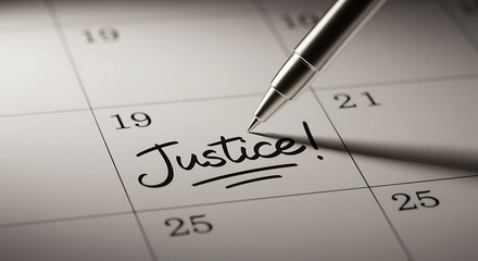 Justice written on a calendar date with a pen close up