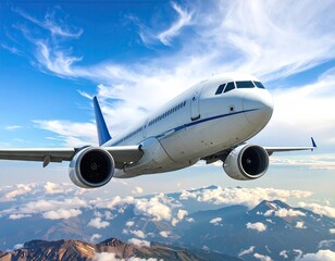 White Passenger Airplane Soaring Above Mountain Peaks Under Blue Sky with Puffy Clouds