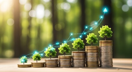 Small trees growing on stacks of coins with an upward-trending digital graph over a green background. Concept of green finance, sustainable investment, and environmental business growth.