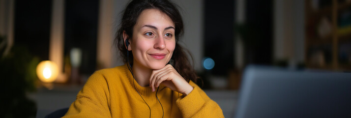 A young woman with headphones looks content while engaging in an online learning session at night, showcasing the modern approach to education through technology.