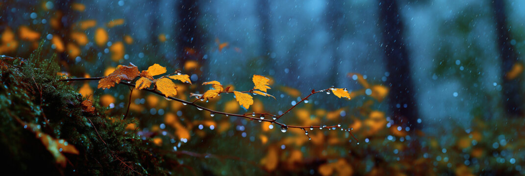 A serene shot of golden autumn leaves bathed in rain, symbolizing nature's beauty and resilience, set in a mystical forest ambiance enhanced by droplets of water.